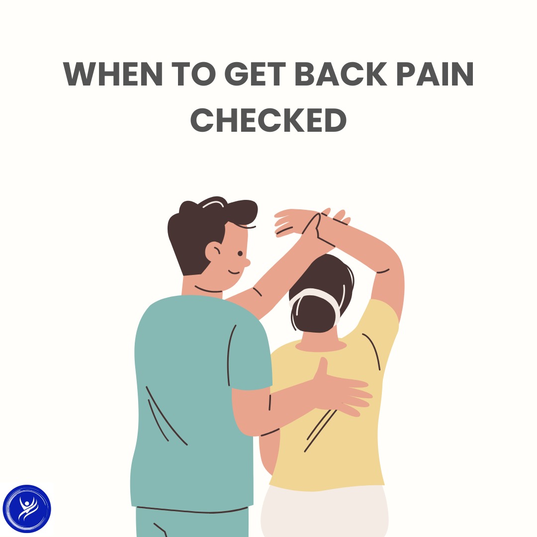 Chiropractor assisting a patient during a back and shoulder assessment with the text ‘When to Get Back Pain Checked’.