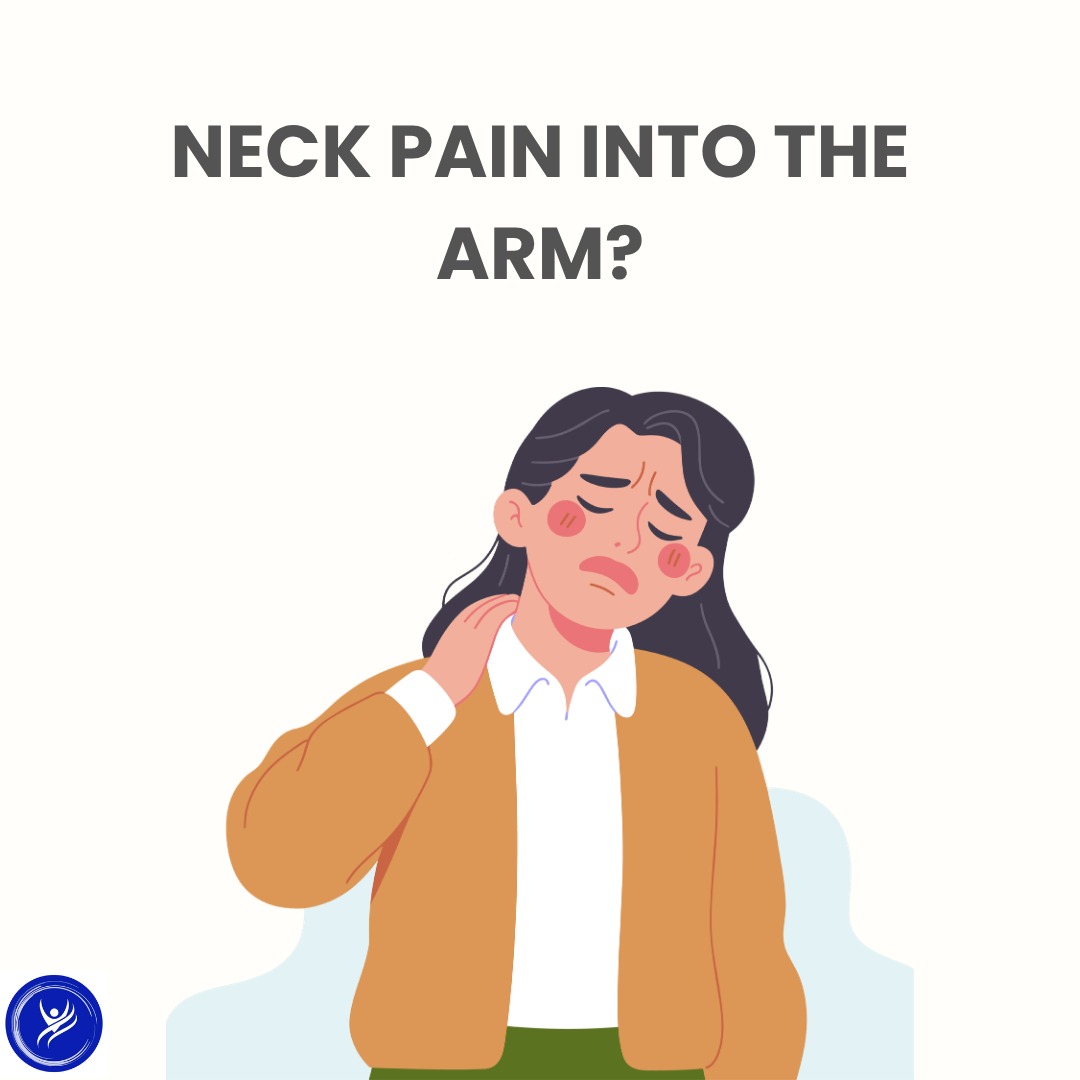 Illustration of a person holding their neck in pain, representing neck pain radiating into the arm.