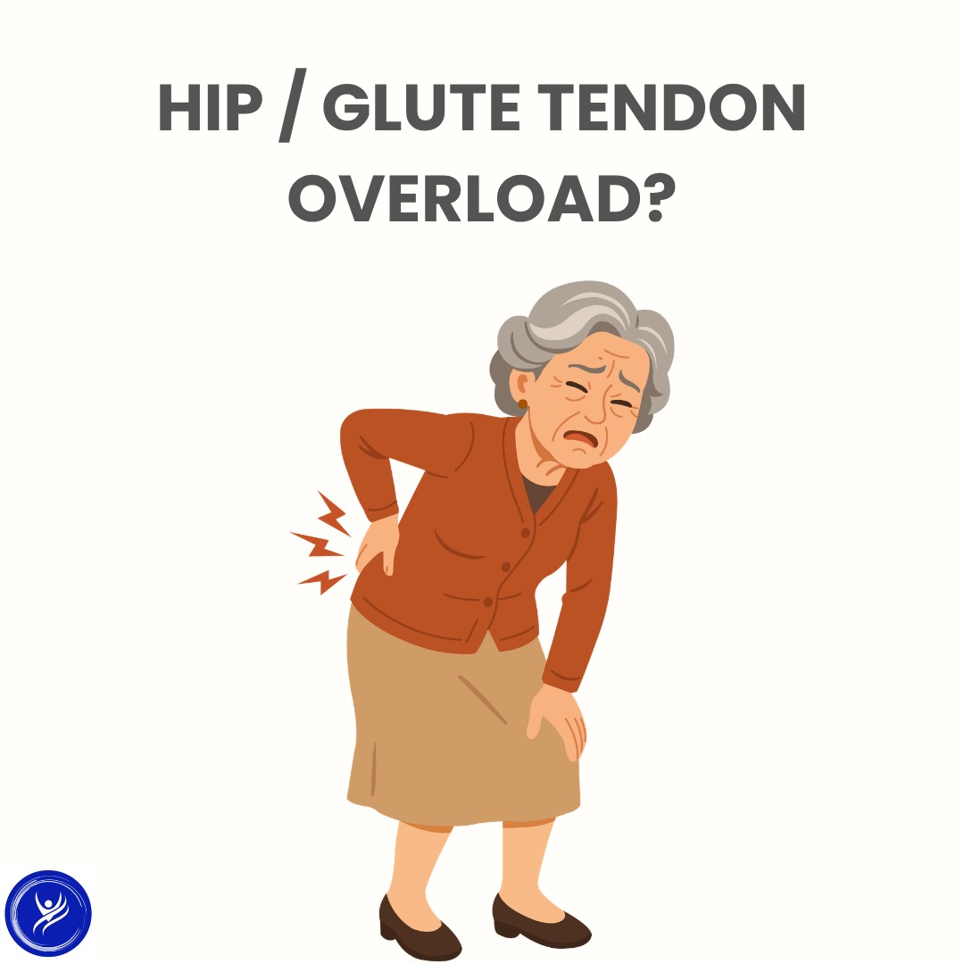 Illustration of an older adult holding their hip with visible pain signals, representing hip and glute tendon overload.