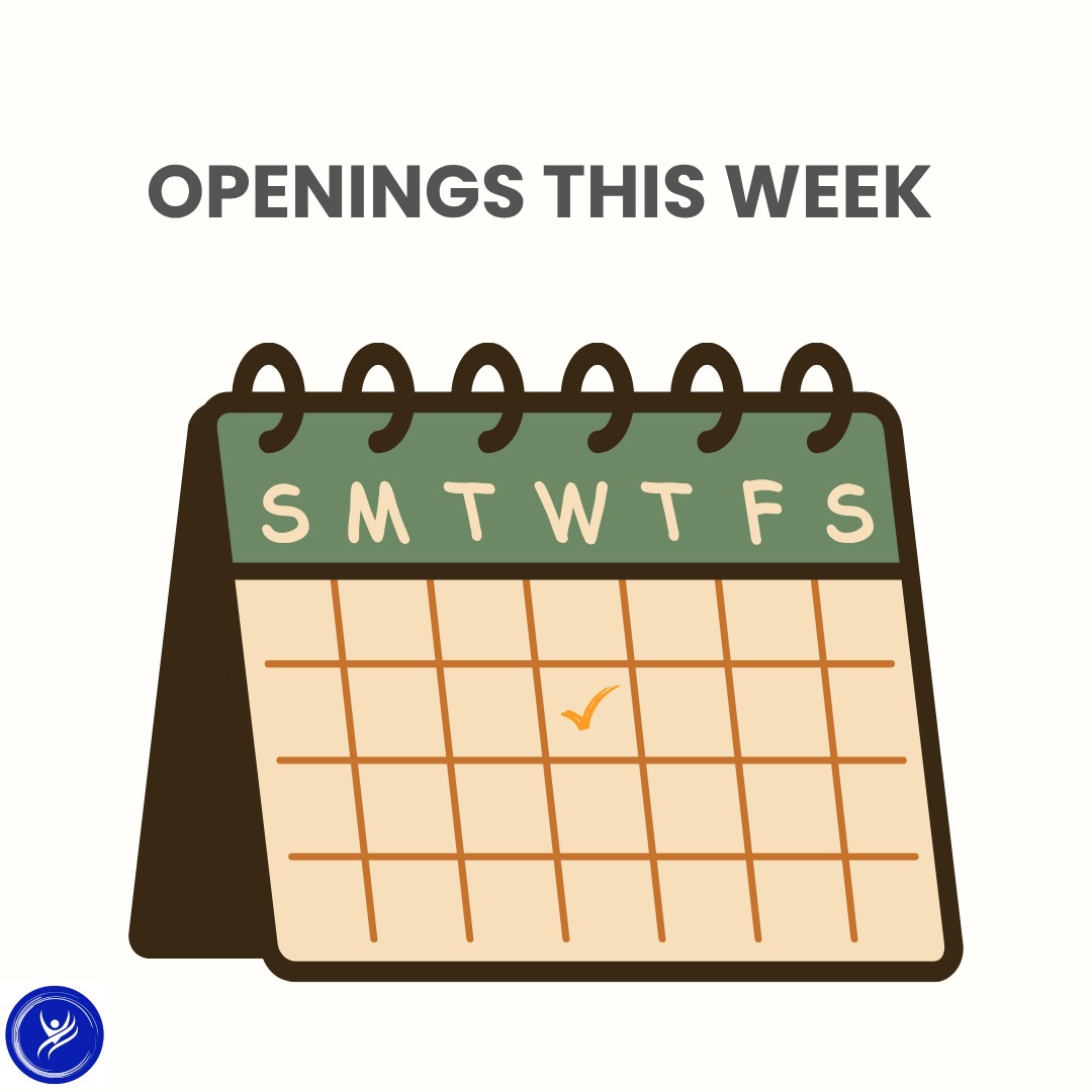 Desk calendar graphic showing weekly schedule with a highlighted checkmark and the text &ldquo;Openings This Week&rdquo;.