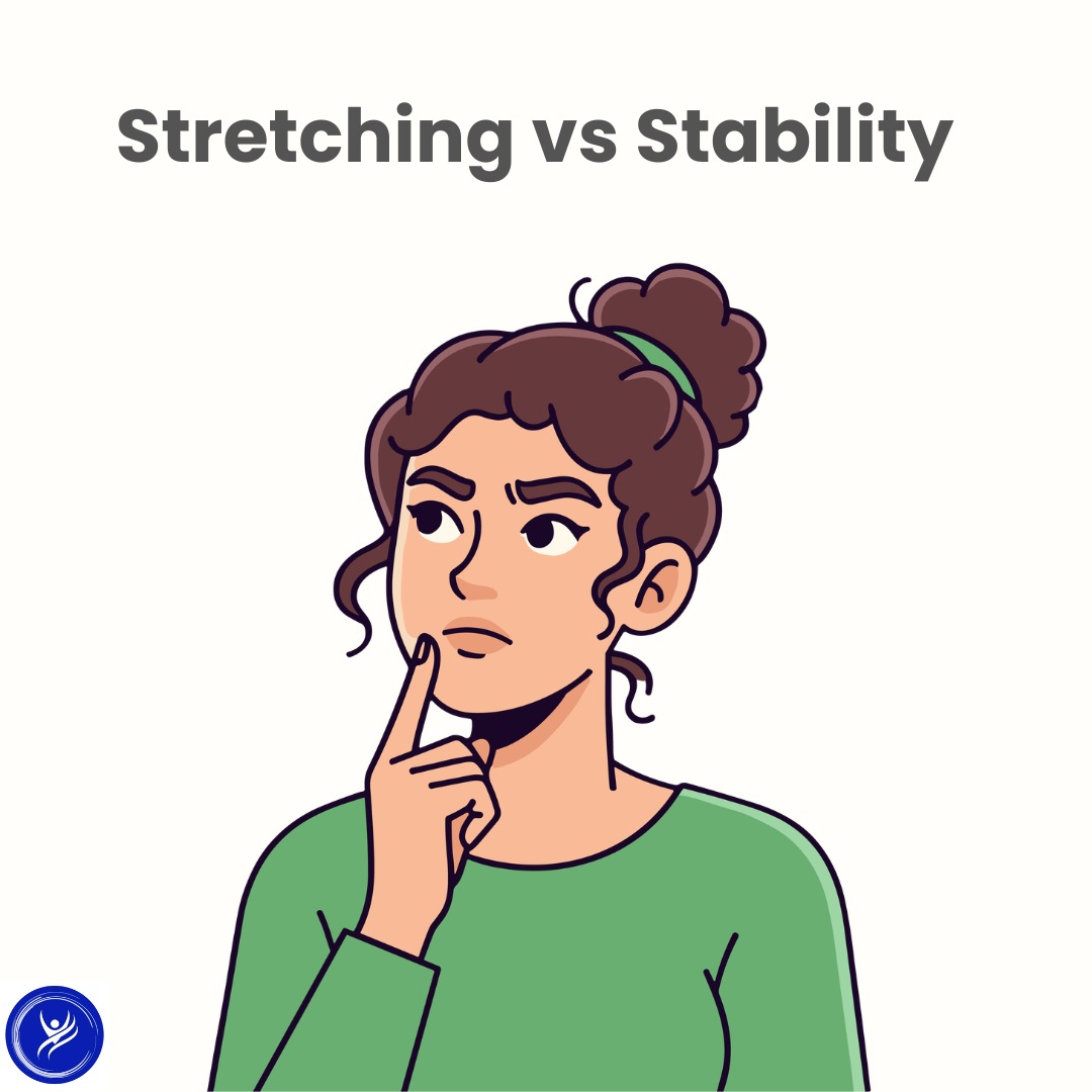 Illustration of a person thinking with the words &lsquo;Stretching vs Stability&rsquo;, highlighting the difference between flexibility and control in muscle tightness.